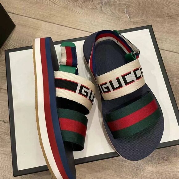 NIB Authentic Gucci Nylon Stripe Logo Sylvie Web Platform Slingback Sandals - Picture 2 of 3